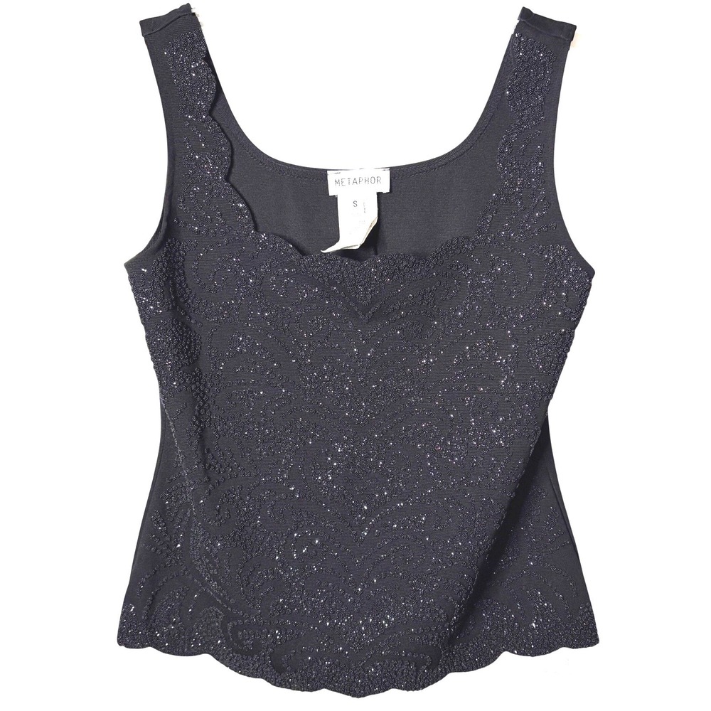 Vintage Y2K Metaphor Beaded Tank Top Womens S Black Embellished Quiet Luxury
